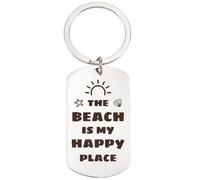 CREATCABIN Beach Keychain Keepsake Key Ring Coconut Tree Memorial Charm Pendant Words Engraving Stainless Steel Keychain Long Distance Gifts for Seabeach Lover 1x2Inch-The Beach Is My Happy Place