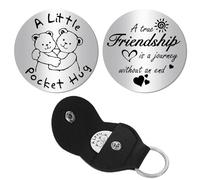 CREATCABIN Bears Pocket Hug Token Long Distance Relationship Keepsake Stainless Steel Double Sided Message Engraved Pocket Token Coin Flat Round with Leather Keychains for Memento Gift 1.2 x 1.2Inch