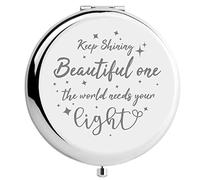 CREATCABIN Beautiful Compact Mirror Keep Shining Stainless Steel Encouraging Personalized Mini Makeup Pocket Travel Engraved Mirrors Silver for Friends Family Graduation Birthday New Year Gifts