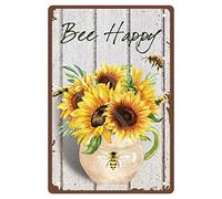 CREATCABIN Bee Happy Metal Tin Sign Sunflower Flower Vase Metal Wall Decor Art Poster Vintage Iron Painting Retro Plaque for Home Bedroom Living Room Garden Yard Indoor Outdoor 12 x 8 Inch