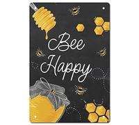 CREATCABIN Bee Happy Metal Tin Sign Vintage Signs Rustic Wall Art Decor Garden House Plaque Poster Artwork Gift for Home Farm Garden Kitchen Coffee Office Garage Decoration 8 x 12Inch