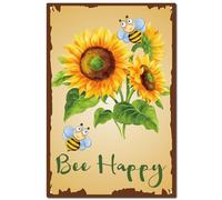 CREATCABIN Bee Happy Sign Sunflower Metal Tin Sign Rustic Garden Decor Plaque Summer Farmhouse Vintage Iron Painting Poster Retro Mural Hanging Wall Art Decoration for Home Living Room Cafes 12x8 Inch