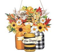 CREATCABIN Bee Happy Wood Sign Sunflower Wooden Signs Hanging Decorations Summer Door Sign Outdoor Yellow Wall Decor for Farmhouse Front Door Porch Wall Home Decoration Gift 11.81x11.57 Inch