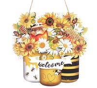 CREATCABIN Bee Welcome Sign Wood Sign Happy Front Door Decor Sunflower Wood Hanging Door Sign Outdoor Wooden Decorations Yellow for Farmhouse Porch Front Door Porch Wall Home Decoration 11.65x11.5Inch