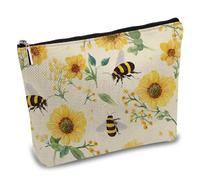 CREATCABIN Bees Flowers Makeup Bags Canvas Cosmetic Bag Multi Purpose Yellow Pen Case Zipper Pouches Toiletry Travel Bag Purse Portable Makeup Storage Organizer Bag for Women Summer Gifts 10 x 7Inch