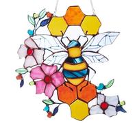 CREATCABIN Bees Stained Acrylic Suncatcher Honeycomb Window Hanging Decor Double Side Hand-Painted Ornament with Chain for Bee Lover Gift Mom 6.5x6.5 Inch