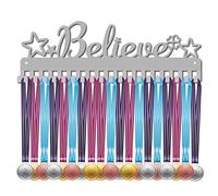 CREATCABIN Believe Medal Holder Start Four Leaf Clover Awards Display Stand Wall Rack Mount Hanger Decor Stainless Steel Metal Hanging for Home Badge Medalist 60 Medals Sports Games, Silver