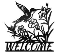 CREATCABIN Bird Flower Wall Art Metal Welcome Wall Hanging Plants Hummingbird Signs Plaque Sculpture Black Iron Wall Decorations Ornament for Door Garden Home Indoor Outdoor Decor 11.8 x 11.8 Inch