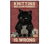 CREATCABIN Black Cat Knitting Retro Metal Sign Vintage Tin Sign Poster Wall Art Decor Knitting Because Murder Is Wrong Painting Plaque Iron Art Mural Hanging Ornament for Home Club Bar 12 x 8Inch