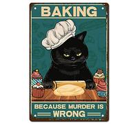 CREATCABIN Black Cat Metal Tin Sign Baking Because Murder Is Wrong Metal Poster Vintage Retro Art Mural Hanging Iron Painting Plaque Funny Animals for Home Kitchen Bathroom Wall Art Decor 8 x 12 Inch