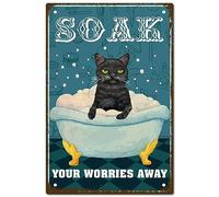 CREATCABIN Black Cat Metal Tin Sign Soak Your Worries Away Signs Vintage Bathroom Iron Sign Painting Poster Plaque Retro Mural Hanging Wall Art Decor for Restaurant Home Cafes Toilet Gifts 8x12Inch