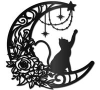 CREATCABIN Black Cat Moon Metal Wall Art Decor Iron Wall Art Black Hollow Rose Sculpture Hanging Decor Rustic Metal Cat Sign for Lover Indoor Outside Living Room Home 12 x 12Inch