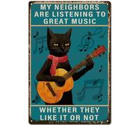 CREATCABIN Black Cat Music Retro Metal Sign Vintage Tin Sign Funny Cat Guitar Poster Retro Painting Plaque Iron Signs Wall Decor Art Mural Hanging Signs Decorative for Home Bar Man Garage 12x8 Inch