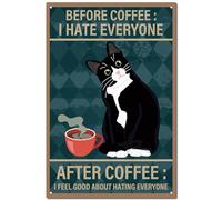 CREATCABIN Black Cat Sign Coffee Decor Vintage Retro Tin Sign Metal Wall Art Plaque Iron Painting Poster Decoration for Home Living Room Cafe Bar 12x8 Inch-Before Coffee: I Hate Everyone