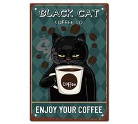 CREATCABIN Black Cat Sign Coffee Wall Decor Art Metal Tin Sign Poster Vintage Retro Plaques Paintings for Home Kitchen Bathroom Coffee Cafe Bar Pub Decorations 8 x 12 Inch-Enjoy Your Coffee