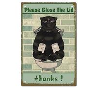 CREATCABIN Black Cat Sign Toilet Decor Wall Art Metal Tin Sign Vintage Retro Poster Iron Plaques Waterproof Paintings for Home Toilet Bathroom Decorations 8 x 12 Inch-Please Close The Lid