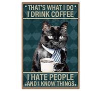 CREATCABIN Black Cat Tin Sign Coffee Metal Signs Vintage Plaques Gallery Wall Signs Retro Posters Art Print Decor Hanging Iron Painting with Quotes for Home Bar Store Cafes Gifts 8x12 Inch