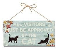 CREATCABIN Black Cat Wooden Hanging Sign Rectangle Wood Sign for Front Door Decor Wooden Plaque Rustic Door Sign Wall Decor for Cat Lover Gifts 12 x 6Inch-All Visitors Must Be Approved By The Cat