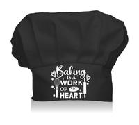 CREATCABIN Black Chef Hat Adults Adjustable Elastic Baker Kitchen Catering Wear Cooking Hats Custom Cotton Chef Cap for Women Men Grilling Baking BBQ Chef Gift 11.8x9 Inch-Baking is a Work of Heart