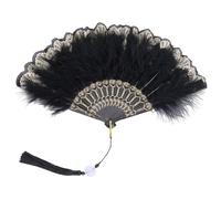 CREATCABIN Black Marabou Feather Fan Handheld Foldable Fan Plastic Folding Hand Rave Fan with Tassel Flapper Hand Fan for Chinese Japanese Vintage Party Wedding Bridal Church Show Decoration 23x43.5cm