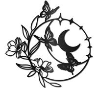 CREATCABIN Black Metal Wall Decor Round Flower Wall Art Butterflies Moon Wall Sculpture Hanging Wall Iron Artwork Decor Wall Signs Decoration for Indoor Outside Living Room Home 12 x 12Inch
