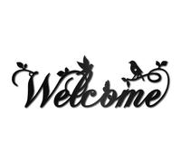 CREATCABIN Black Metal Welcome Wall Sign Iron Wall Art Hollow Words Bird Silhouette Decorative Sign Sculpture Ornament for Front Porch Living Room Home Office Garden Balcony 11.8 x 3.9 Inch