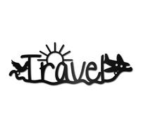 CREATCABIN Black Travel Wall Decor Metal Word Wall Sign Laser Cut Words Decor Sun Aircraft Metal Letters Hanging Art Travel Signs for Indoor Outside Living Room Home 11.8 x 4Inch