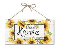 CREATCABIN Bless This Home With Love And Laughter Wood Door Sign Sunflower Inspirational Verse Hanging Sign for Indoor Outdoor Home Backyard Porch Kitchen Garden Farm Decoration Gift 12 x 6 inch
