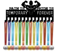 CREATCABIN Bodybuilding Medal Holder Medal Hangers Display Rack Sports Hanging Awards Iron Small Metal Wall Mount with 14 Hooks for Running Black 11.4 x 5.1 Inch-Pain is Temporary Pride is Forever
