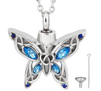 CREATCABIN Butterfly Cremation Urn Necklace for Ashes Keepsake Cremation Jewelry Mini Blue Rhinestone Stainless Steel Silver Memorial Pendant Crystal Urn Necklace with Funnel Pin for Human Pet 21Inch
