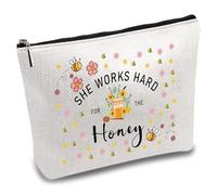 CREATCABIN Canvas Makeup Bags Bees Cosmetic Bag Multi Purpose Pen Case with Metal Zipper Toiletry Travel Bag Purse Pouches for Lipstick Card Birthday Gifts 10 x 7Inch-She Works Hard For The Honey