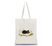 CREATCABIN Cat Book Tote Bag Canvas Grocery Bags with Handles Reusable Lightweight Foldable Shoulder Shopping Pouch DIY Craft for Groceries Beach Travel Gym Market Librarian Reader Gifts 13 x 15in
