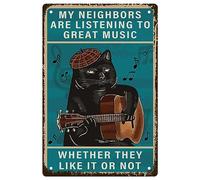 CREATCABIN Cat Guitar Metal Signs Rock Music Tin Sign Vintage Plaques Retro Posters Decor Gallery Wall Art Print Hanging Painting with Quotes for Coffee Bar Home Cafes Man Cave Gifts 8x12 Inch