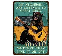 CREATCABIN Cat Guitar Metal Tin Sign Rock Music Iron Sign Posters Retro Vintage Waterproof My Neighbors Are Listening To Great Music for Wall House Home Cafes Bar Pub Gift Plaque Decor 8x12Inch