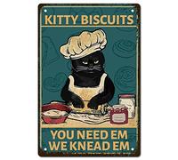 CREATCABIN Cat Kitchen Vintage Metal Tin Sign Kitty Biscuits We Knead Em You Need Em Cat Baking Sign Funny Black Cat Wall Art Decor Retro Poster for Home Kitchen Farm Restaurant Bakery 8 x 12 Inch