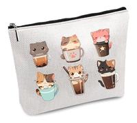CREATCABIN Cat Makeup Bag Canvas Cosmetic Bag Multi Purpose Pen Case Zipper Toiletry Travel Bag Case Purse Pouches Portable Survival Kit for Women Coffee Boba Tea Bubble Tea Lover Gifts 10x7Inch