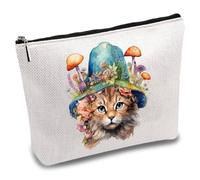 CREATCABIN Cat Makeup Bags Cosmetic Bag Canvas Multi-Functional Purpose Pencil Case with Metal Zipper Mushroom Toiletry Travel Bag Purse Pouches for Women Keys Lipstick Card Birthday Gifts 10x7Inch