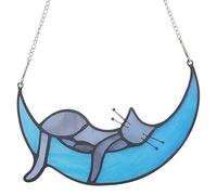 CREATCABIN Cat Moon Ornament Suncatcher Ornaments Acrylic Plastic 6.5" x 4.13" Blue Sleeping Cat on Moon Memorial Handcrafted Sun Catcher Hanging Ornament for Halloween Window Christmas Tree Party