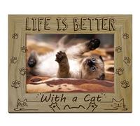 CREATCABIN Cat Picture Frame Pet Paws Wood Photo Frames Engraved Display Wooden Tabletop Gifts for Hanging Wall Gallery Christmas Memorial Home Desk Decor 4x6Inch-Life is Better with a Cat