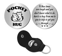 CREATCABIN Cat Pocket Hug Token Long Distance Keepsake Gifts Stainless Steel Double Sided Coin Little Pocket Token Commemorative Coin with Leather Keychains for Son Daughter Brother 1.2Inch