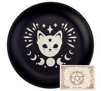 CREATCABIN Cat Prayer Ritual Plate Stainless Steel Offering Bowl Flat Round Tray Prayer Offering Bowl Candle Holder with Divination Card Jewelry Dish for Smudging Incense Burner Meditation 5.55Inch