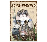 CREATCABIN Cat Tin Sign Gone Fishing Metal Vintage Retro Art Mural Hanging Iron Painting Poster Plaque Fish Funny Animals Family Wall Decorations for Living Room Kitchen Cafe Gift 8 x 12 Inch