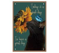 CREATCABIN Cat Wall Art Sunflower Metal Sign Black Cat Decor Vintage Retro Hanging Iron Painting Poster Plaque for Indoor Outdoor Bathroom Coffee Shop Farm Garden Funny Decorations Gift 8 x 12 Inch