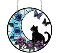 CREATCABIN Cat Window Suncatcher Stained Acrylic Glass Window Hanging Decor 9.8 Inch Round Panel with Metal Chain Hooks Flower Butterfly Sun Catcher Wall Art for Home Garden Halloween Christmas Decor