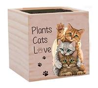 CREATCABIN Cats Wood Planter Box Cube Flower Pot Square Small Rustic Home Desk Decor Decorative for Garden Indoor Outdoor Plants Teacher Parents Office Women Gift 3 x 3 Inch-Plants Cats Love