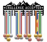 CREATCABIN Challenge Accepted Medal Hanger Medal Holder Display Mountain Sports Race Awards Ribbons Organizer Black Metal Rack Mount Decor Frame for Wall Hanging 60+ Medals Athletes Run 15.7x5.9 Inch