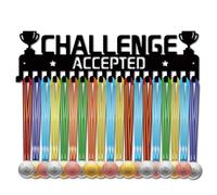 CREATCABIN Challenge Accepted Medal Holder Hanger Medals Display Rack Black Metal Iron Medal Shelf Hanger Organizer Medal Stand Wall Mounted with 20 Hanging Hooks for Award Ribbon Swimmers 6x15.7Inch
