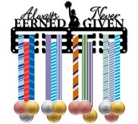 CREATCABIN Cheer Medal Hanger Cheerleader Award Holder Lanyard Ribbon Hanging Rack 3 Rows Small Black Iron Medal Wall Hooks Frame Mounted Decor for Hold 40+ Awards 11.4x5.1in-Always Earned Never Given