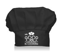 CREATCABIN Chef Hat Adult Adjustable Chef Cap Custom Cotton Elastic Kitchen Baker Hats Catering Wear Crown Cooking Hat for Women Men Grilling Baking BBQ Chef Black 11.8x9Inch-Mr.Good Lookin's Cookin'