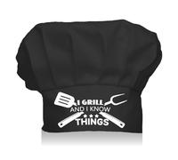 CREATCABIN Chef Hat Adult Adjustable Elastic Baker Kitchen Catering Wear Cooking Hat Custom Cotton Chef Cap for Women Men Dad Mom Baking BBQ Chef Gift Black 11.8 x 9 Inch-I Grill and I Know Things